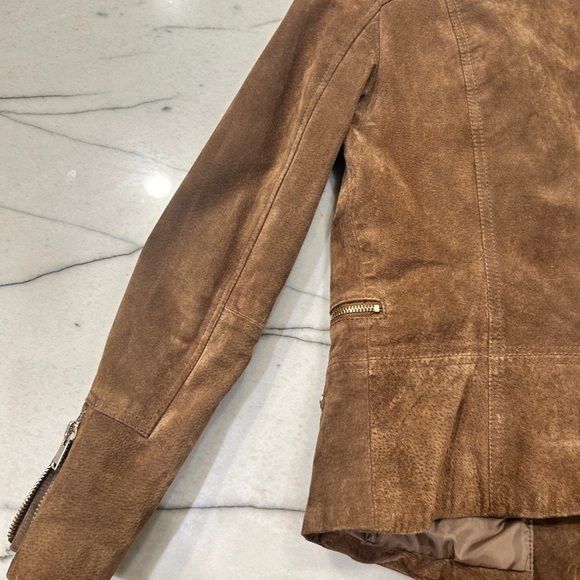Mango, genuine, leather suede, Moto jacket, gold zippers, tan brown, size medium - Picture 4 of 6